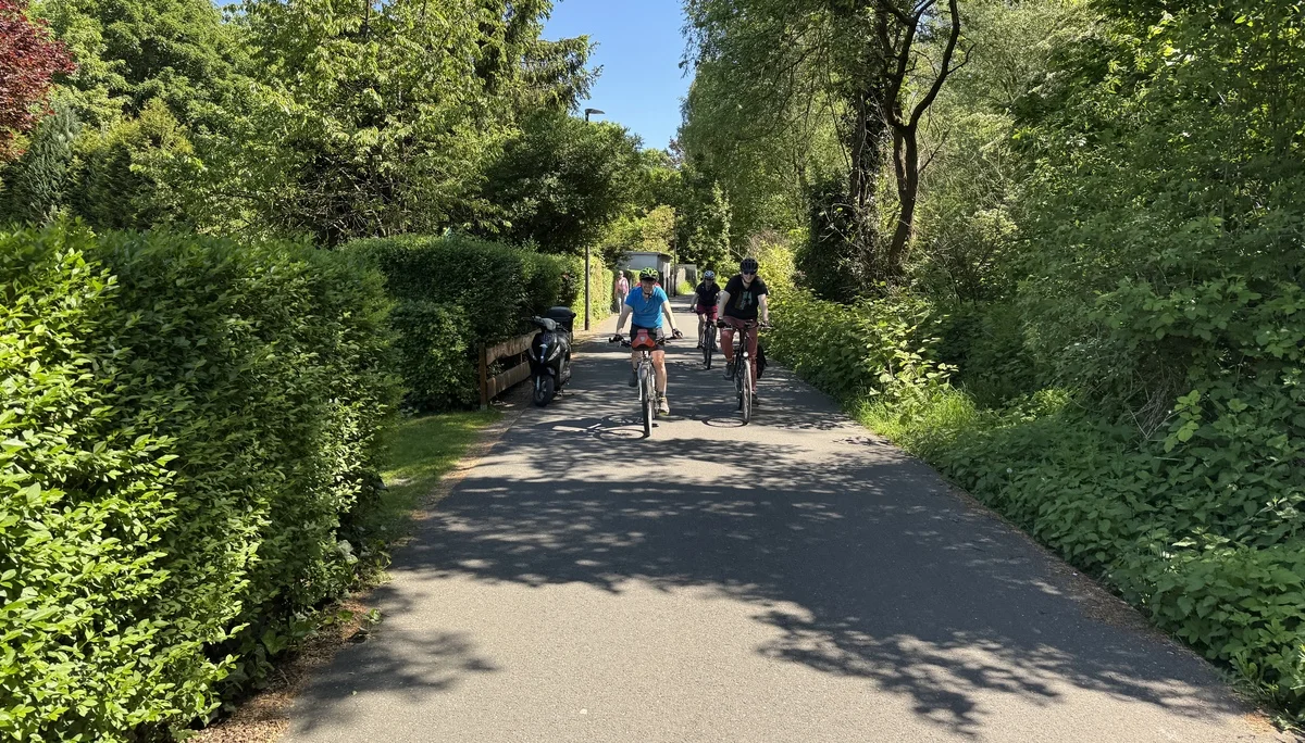Gruppe fährt mit Fahrrädern auf einem asphaltierten Weg zwischen Hecken und Bäumen. | © DAV Dortmund