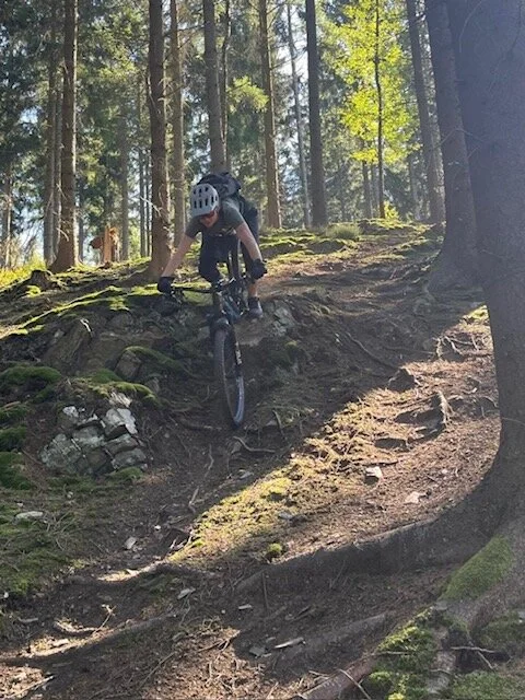Ein Mountainbiker fährt vorsichtig einen steilen und wurzelreichen Waldpfad hinunter. | © DAV Dortmund