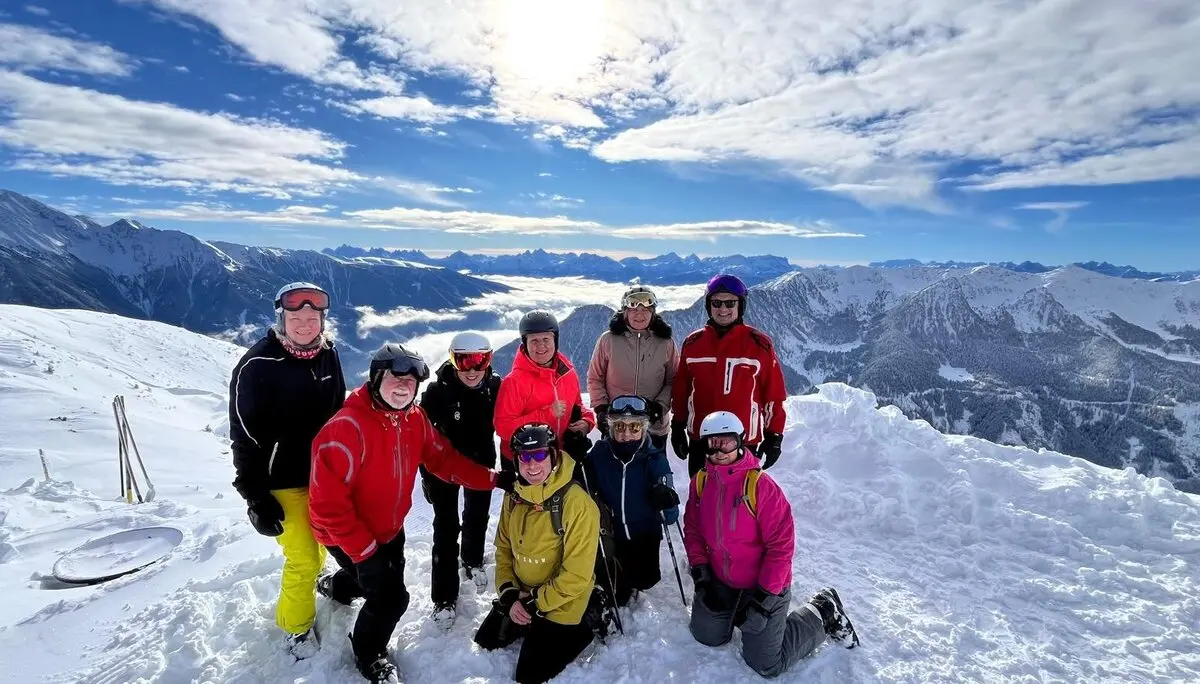 Neun Skifahrer*innen stehen auf einem verschneiten Gipfel mit beeindruckender Aussicht. | © DAV Dortmund