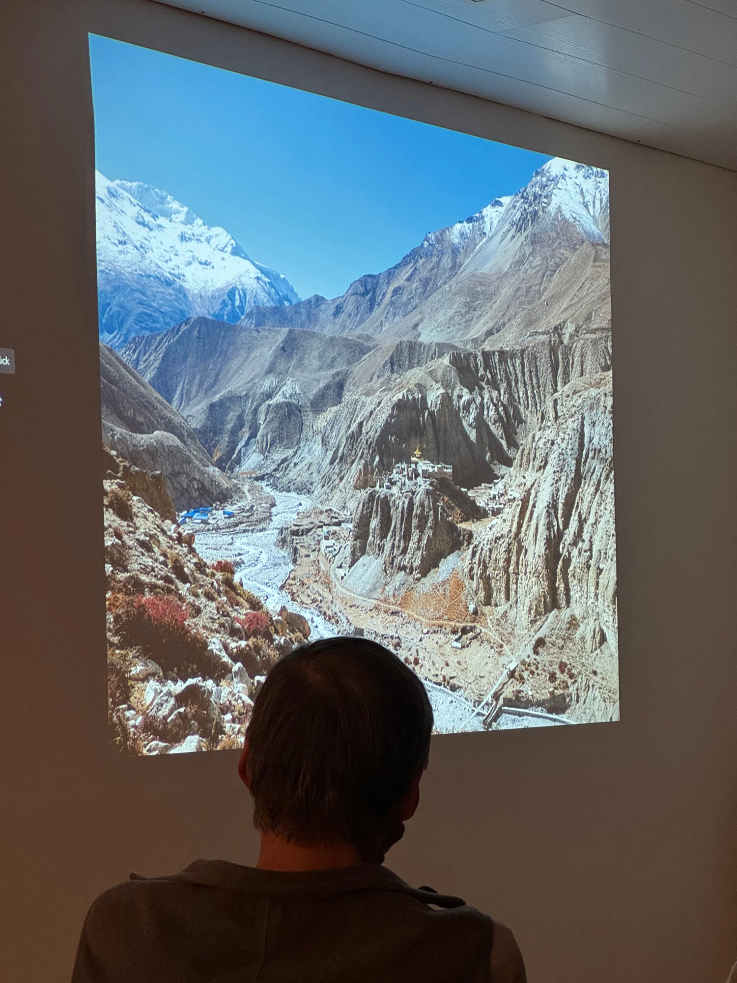 Eine Person blickt auf ein projiziertes Bild mit tiefem Tal und verschneiten Bergen. | © DAV Dortmund