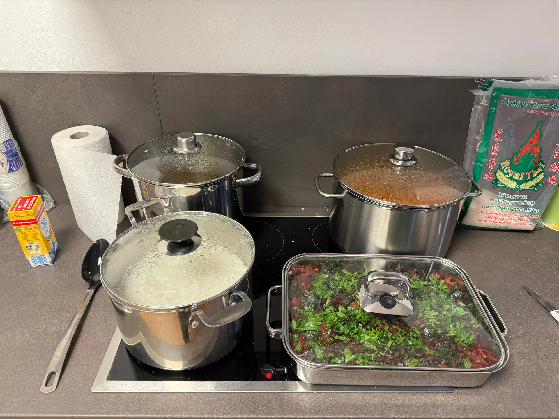 Vier Töpfe und Pfannen stehen auf einem Herd. Es wird gekocht, Gemüse ist sichtbar, daneben stehen Küchentücher, Gewürze und eine Packung Reis. | © DAV Dortmund