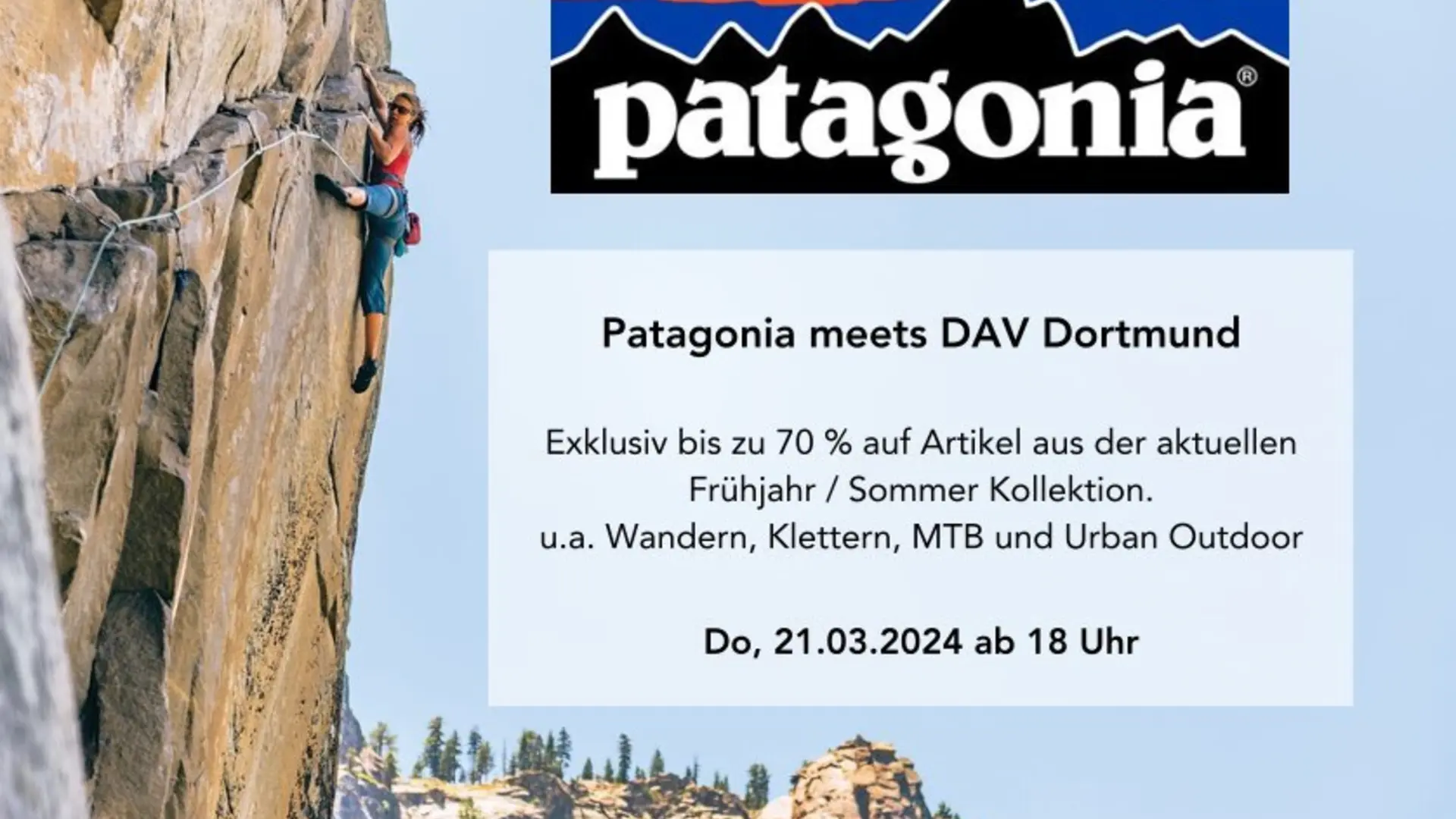 Werbeplakat zur DAV-Veranstaltung mit Patagonia mit Bild einer Kletterin an einer Felswand. | © Patagonia