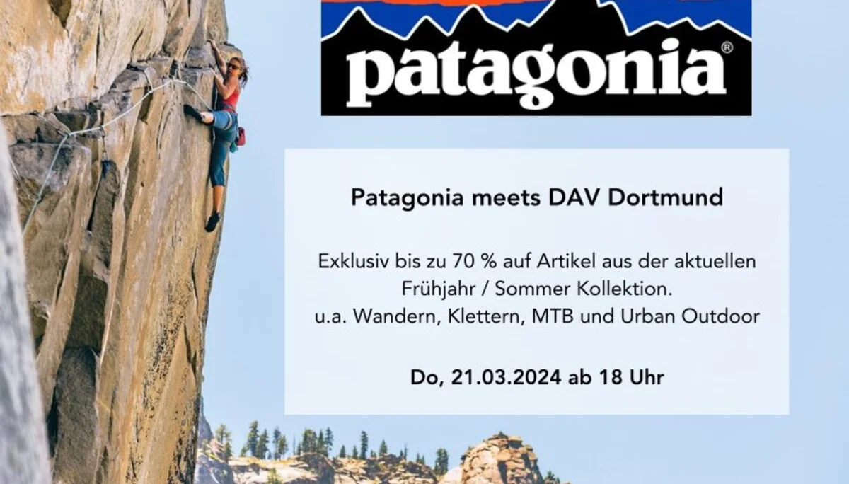 Werbeplakat zur DAV-Veranstaltung mit Patagonia mit Bild einer Kletterin an einer Felswand. | © Patagonia