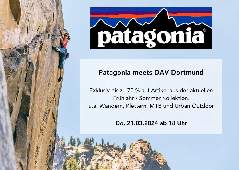 Werbeplakat zur DAV-Veranstaltung mit Patagonia mit Bild einer Kletterin an einer Felswand. | © Patagonia