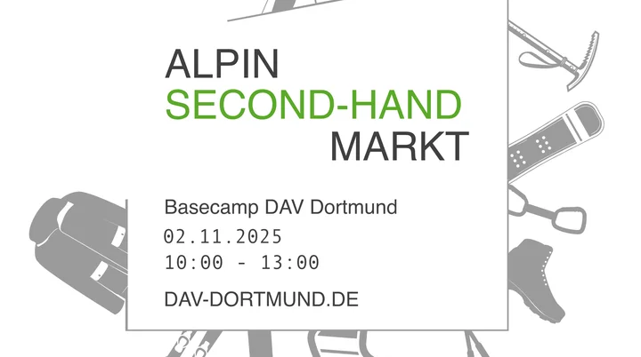 Grafik mit Informationen zum „Alpin Second-Hand Markt“ des DAV Dortmund. In der Mitte steht ein weißes Zelt mit dem Text: „Alpin Second-Hand Markt“. Darunter: „Basecamp DAV Dortmund, 02.11.2025, 10:00–13:00, dav-dortmund.de“. Rund um das Zelt sind Ausrüstungsgegenstände fürs Bergsteigen, Klettern und Skitouren gezeichnet – darunter Seil, Steigeisen, Helm, Rucksack, Skier, Stiefel und Klettergurt. | © DAV Dortmund