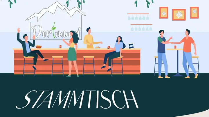 Grafik mit Personen an einer Bar und dem Schriftzug „Stammtisch“ vor DAV-Hintergrund. | © DAV Dortmund