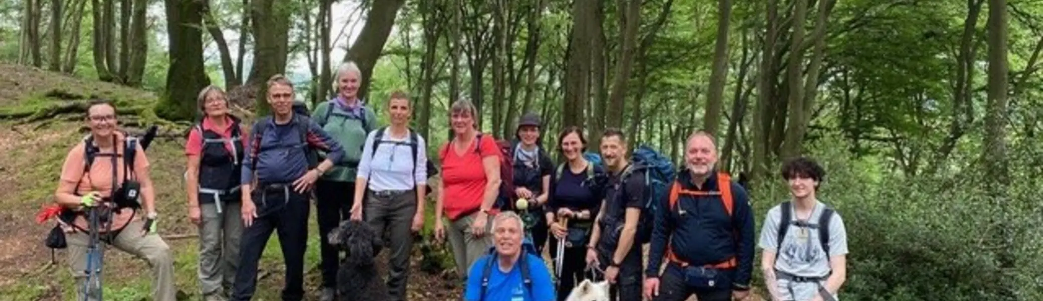 Eine große Wandergruppe mit mehreren Hunden steht im grünen Wald für ein Gruppenfoto. | © Klaus Dieter Schüler