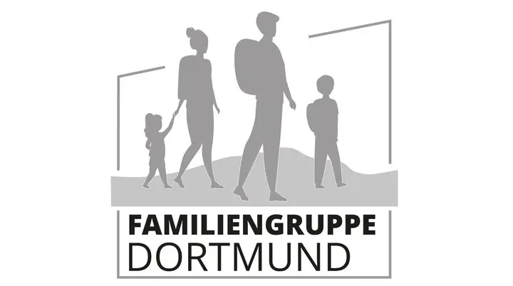 Graues Logo mit wandernder Familie und dem Schriftzug „Familiengruppe Dortmund“. | © DAV Dortmund