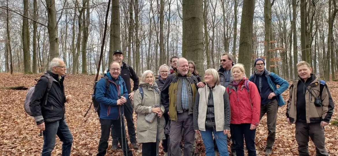 Ältere Wandergruppe steht lachend im Laubwald zwischen hohen Bäumen. | © DAV Dortmund