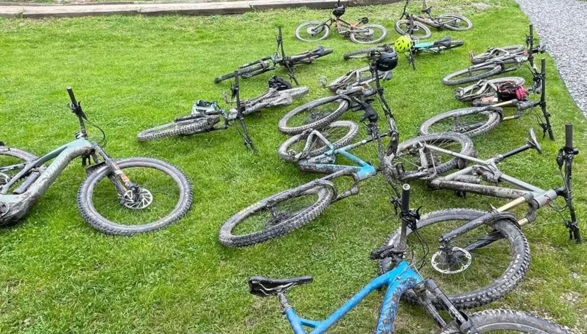 Mehrere Mountainbikes liegen auf einer grünen Wiese, umgeben von Bäumen. | © DAV Dortmund