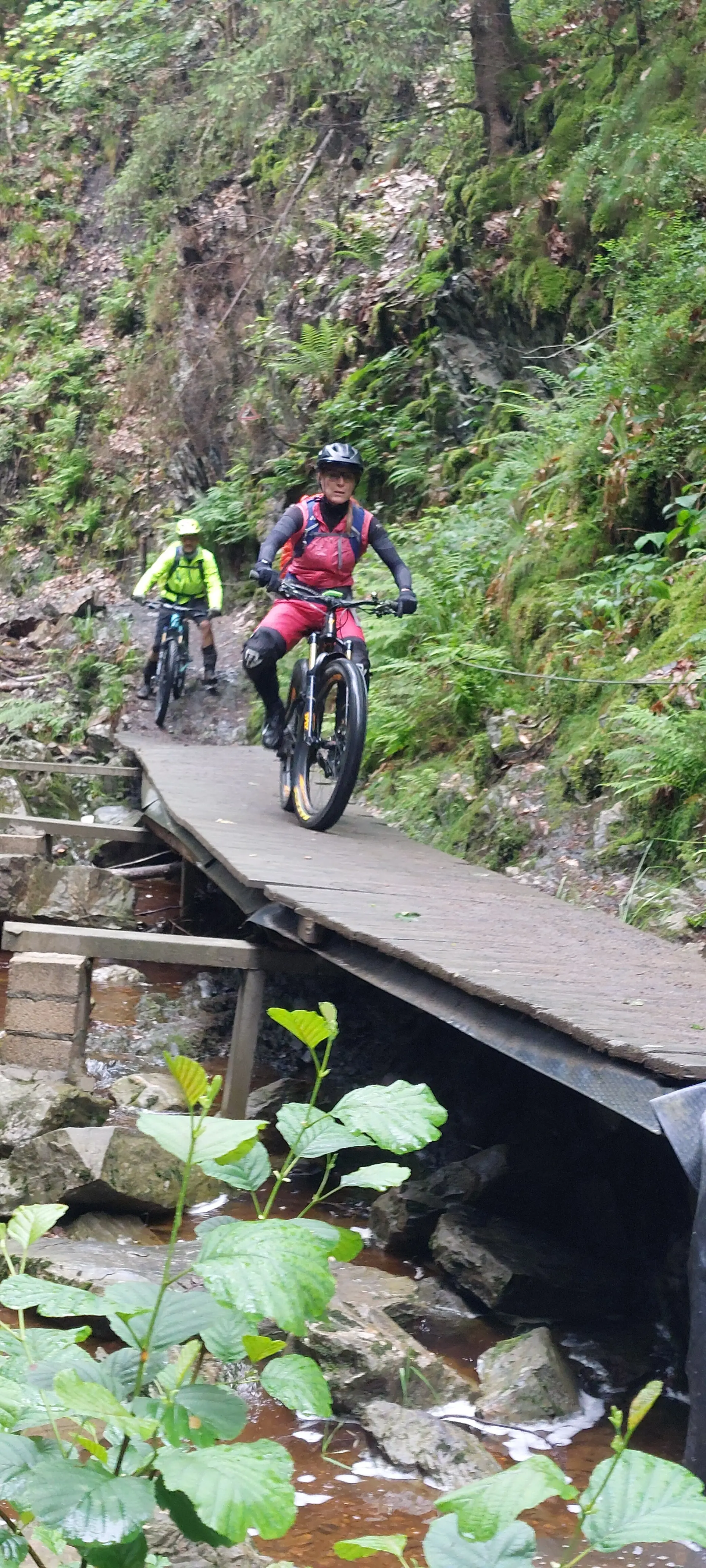 Zwei Mountainbiker überqueren eine schmale Holzbrücke in einem bewaldeten Gebiet. | © DAV Dortmund 