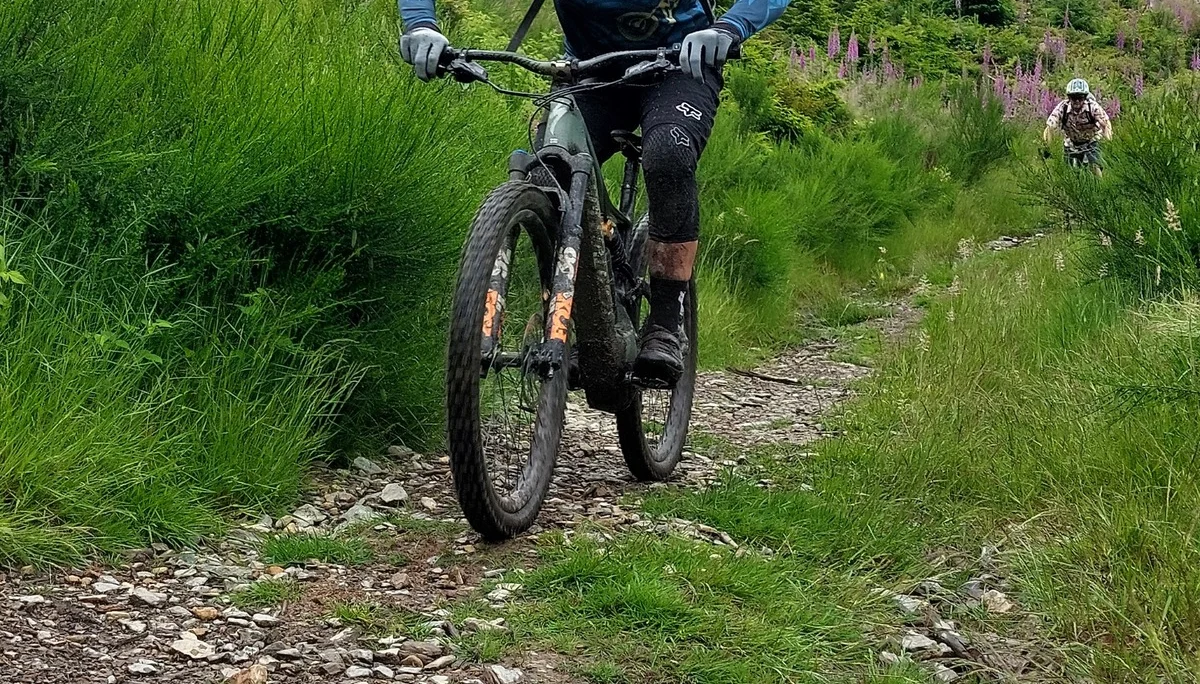 Mountainbiker fährt über einen schmalen, steinigen Pfad durch grünes Gelände. | © DAV Dortmund