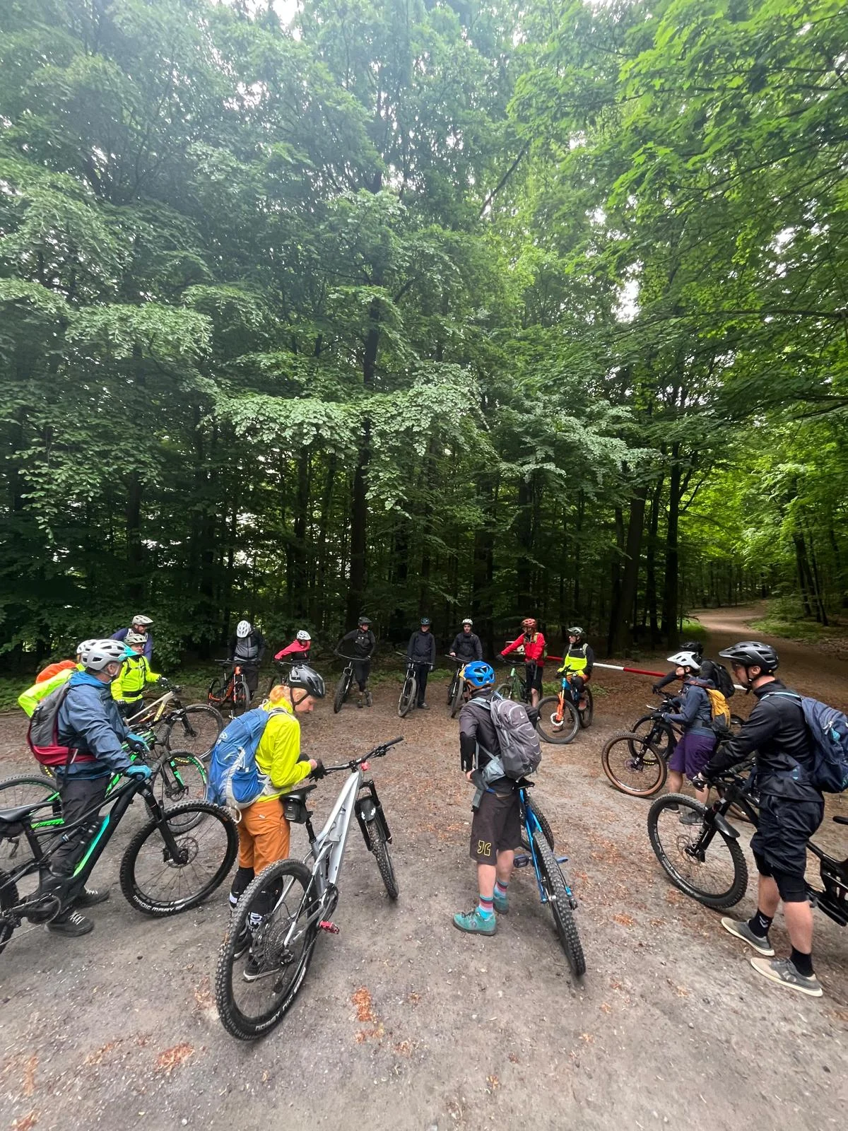 Gruppe von Mountainbiker*innen steht mit ihren Rädern auf einem Waldweg. | © DAV Dortmund