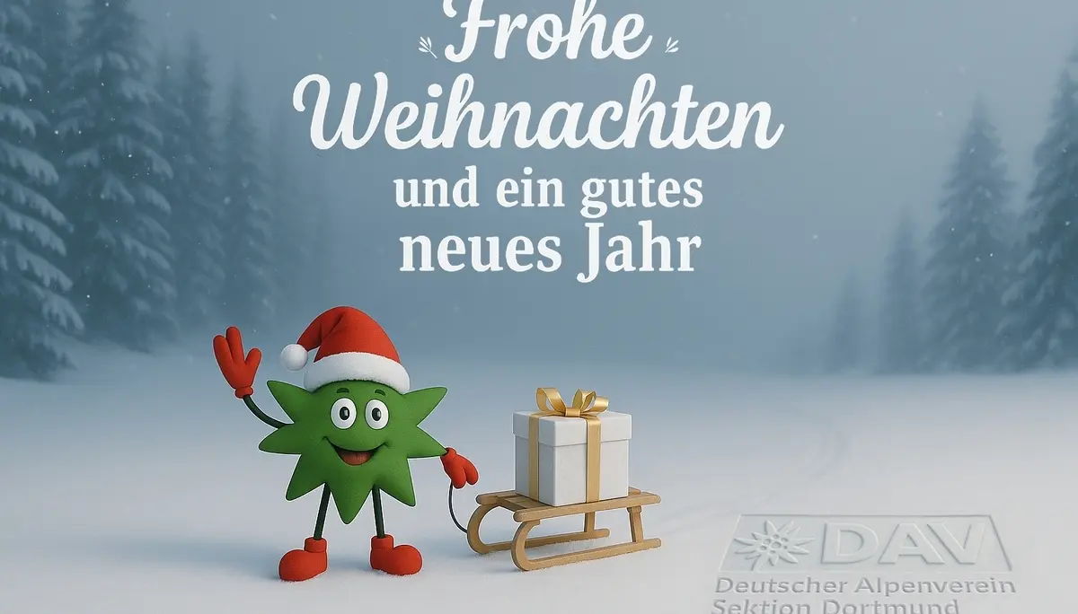 Weihnachtswünsche DAV Dortmund, Stern mit Nikolausmütze zieht einen Schlitten mit einem Geschenk hinter sich her | © DAV Dortmund