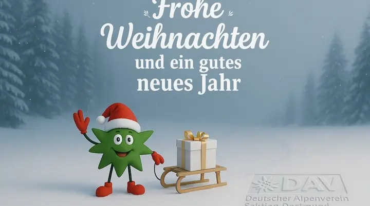 Weihnachtswünsche DAV Dortmund, Stern mit Nikolausmütze zieht einen Schlitten mit einem Geschenk hinter sich her | © DAV Dortmund