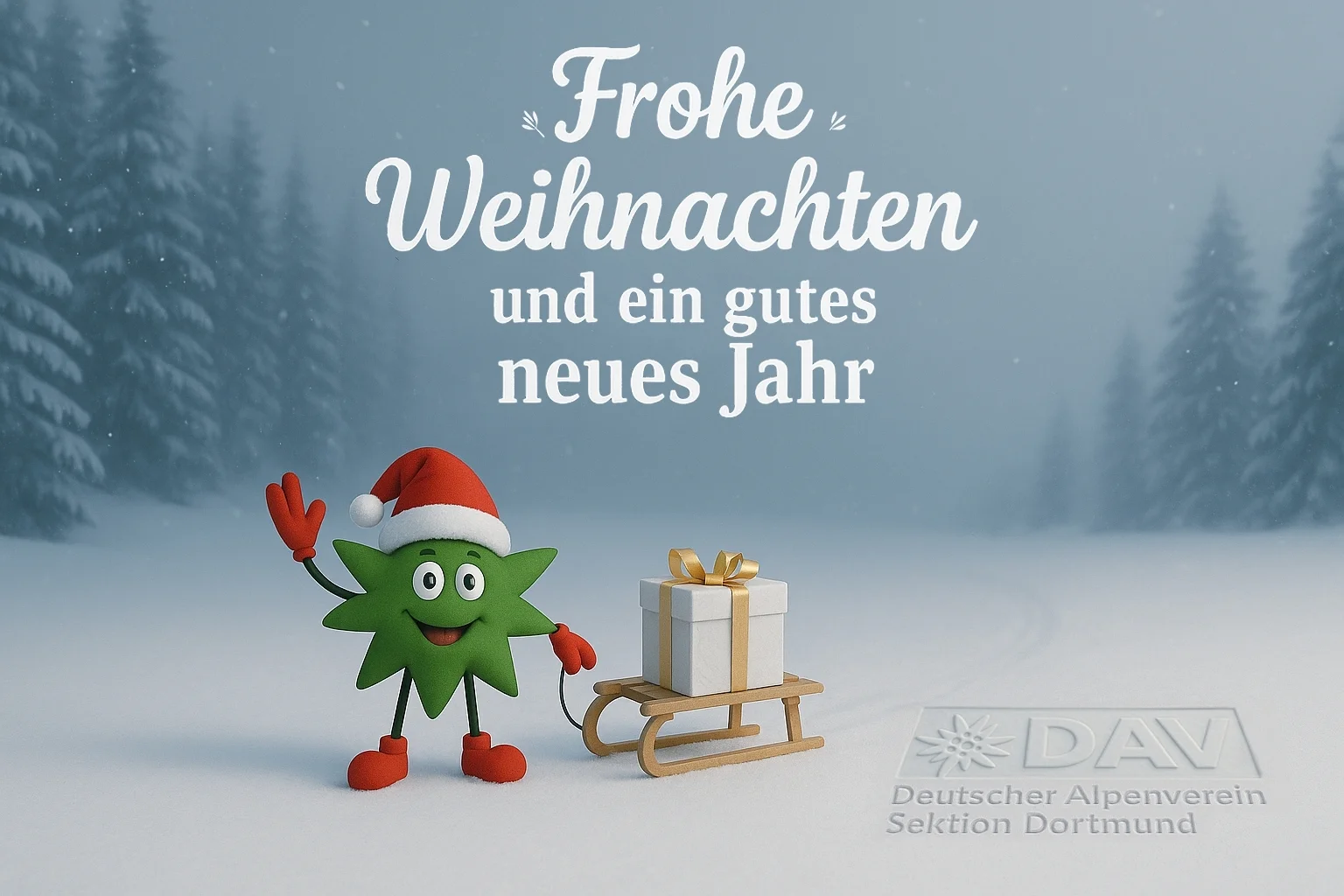 Weihnachtswünsche DAV Dortmund, Stern mit Nikolausmütze zieht einen Schlitten mit einem Geschenk hinter sich her | © DAV Dortmund