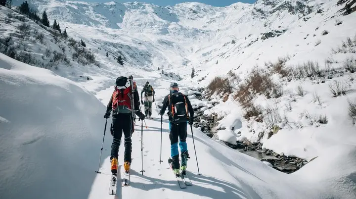 Skitourengeher auf einem verschneiten Weg von hinten | © Tim Hilbrand
