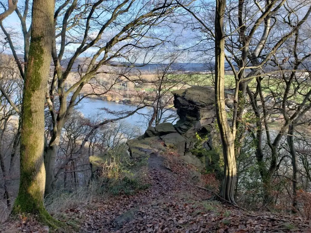 Blick durch kahle Bäume auf einen Felsen oberhalb eines breiten Flusstals bei Winterlicht. | © DAV Dortmund