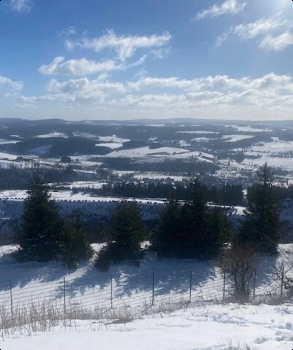 Schneebedeckte Hügellandschaft mit Wäldern und weitem Blick unter blauem Himmel mit Wolken. | © DAV Dortmund
