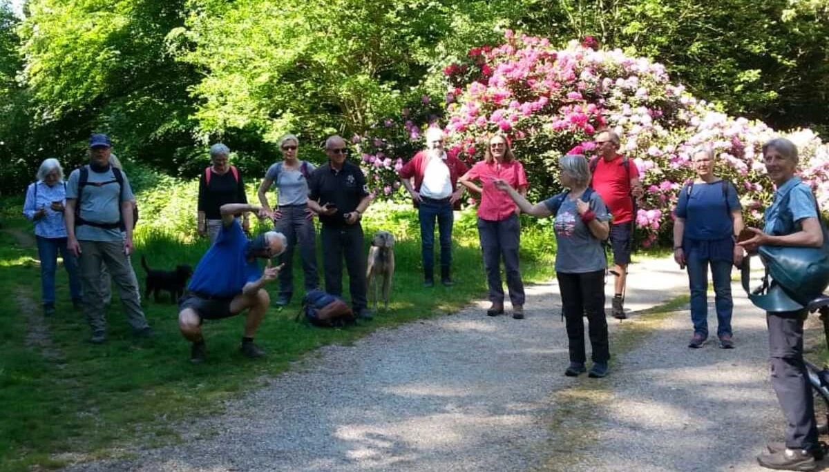 Eine Gruppe älterer Menschen steht auf einem Waldweg vor blühenden Sträuchern und bereitet sich auf eine Wanderung vor. | © DAV Dortmund