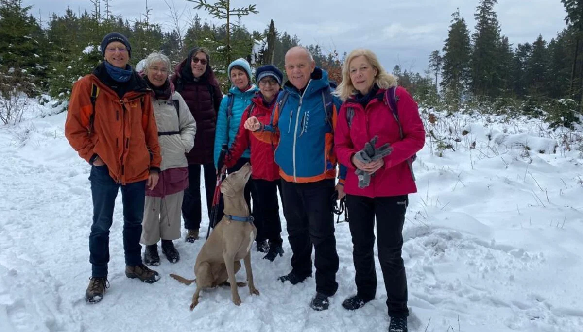 Sieben Wandernde mit Hund stehen auf einem Winterweg im verschneiten Wald. | © DAV Dortmund