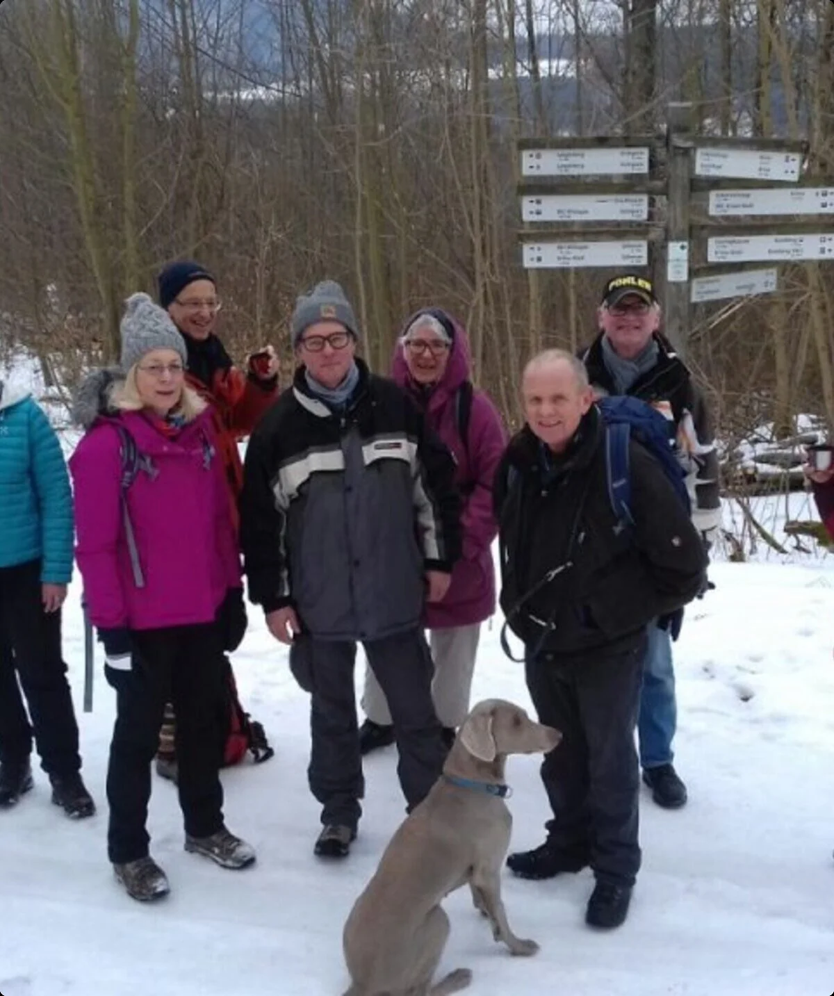Gruppe von Wandernden mit Hund steht im Schnee vor mehreren Wegweisern. | © DAV Dortmund