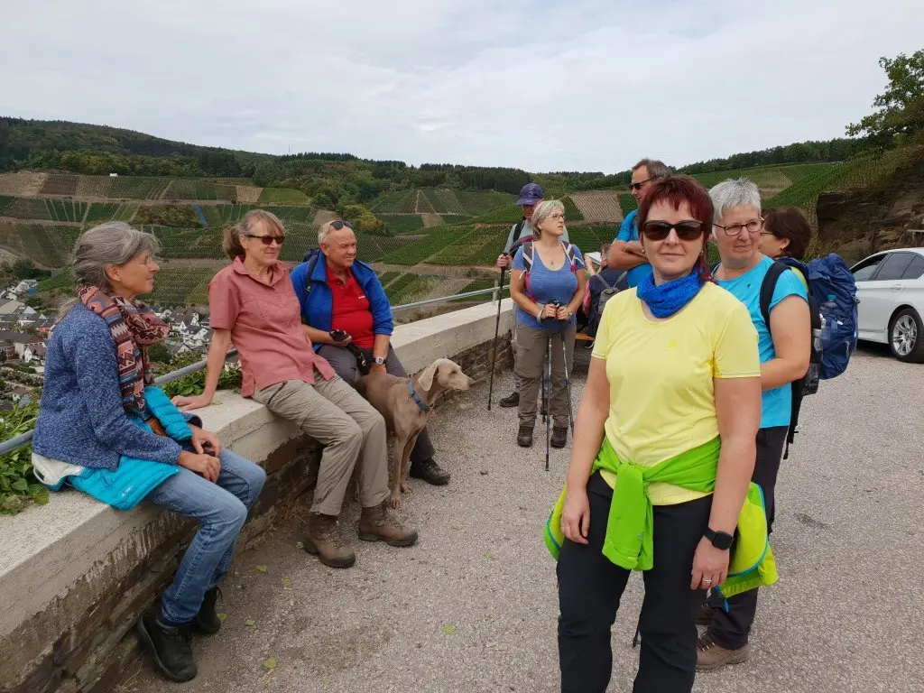Wandergruppe steht an einer Mauer mit Blick auf ein Moseltal mit Weinbergen. | © DAV Dortmund