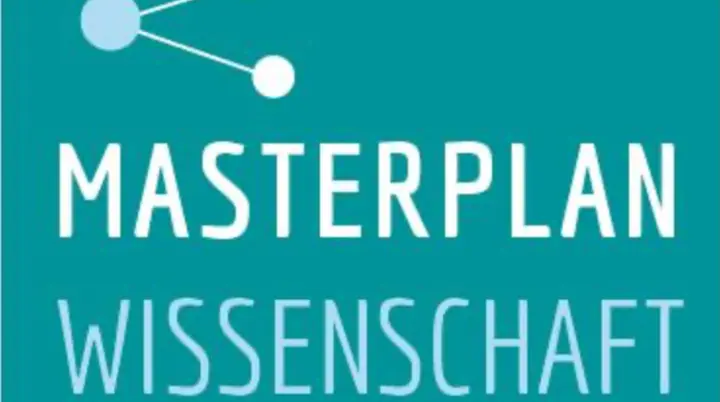 Logo mit Schriftzug „Masterplan Wissenschaft Dortmund“ und stilisiertem Netzwerk auf türkisfarbenem Hintergrund. | © DAV Dortmund