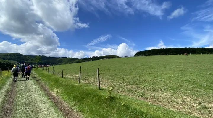 Gruppe wandert auf einem Grasweg entlang einer weiten Wiese unter blauem Himmel mit Wolken. | © DAV Dortmund