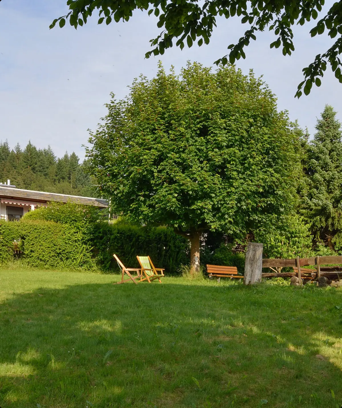 Eine große Wiese mit Bäumen, Sitzgelegenheiten und Grillhütte in ruhiger Lage mit Blick auf den Wald. | © DAV Dortmund