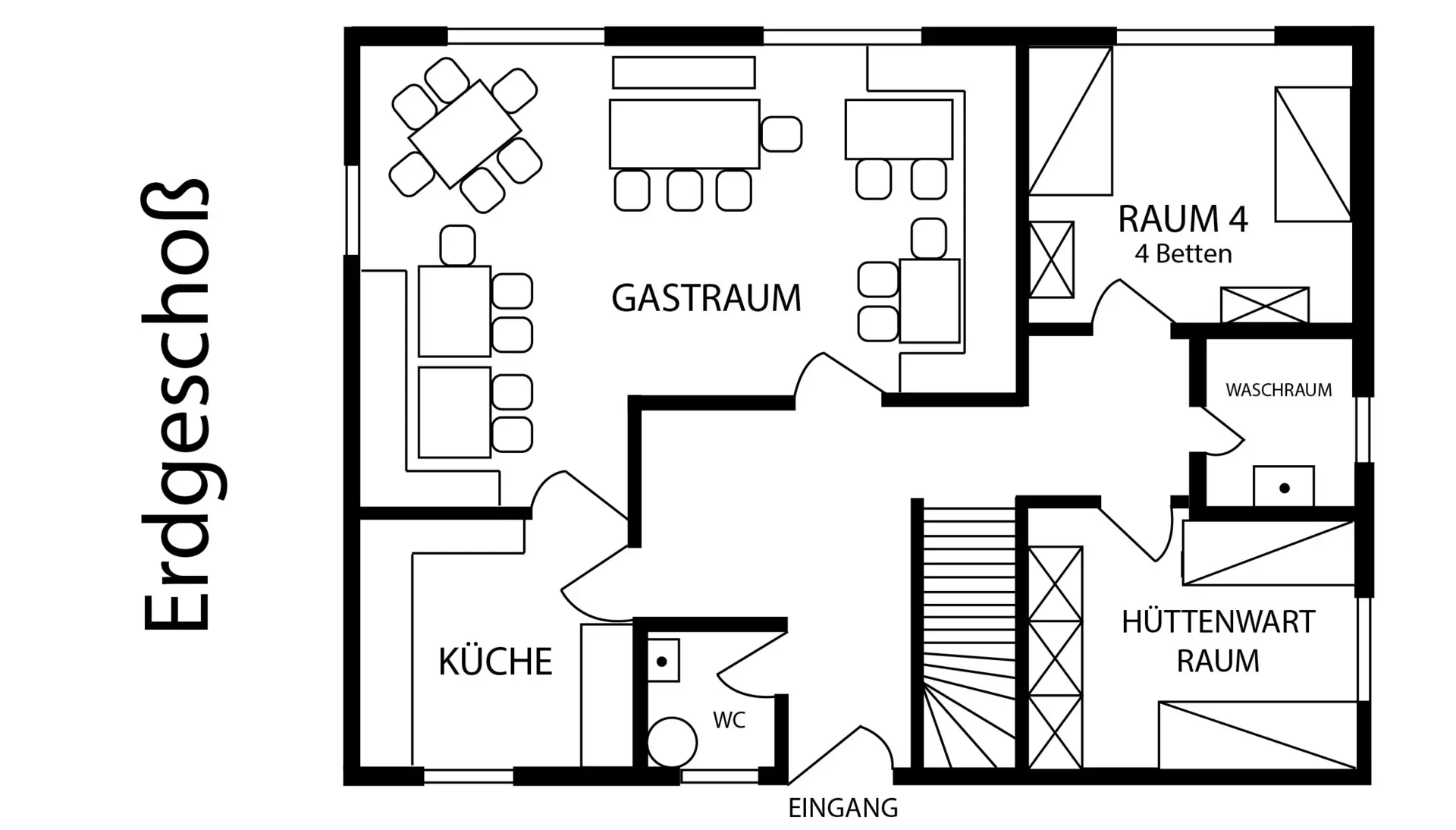 Raumplan zeigt Erdgeschoss mit Gastraum, Küche, Hüttendienst-Raum und einem Schlafzimmer. | © DAV Dortmund