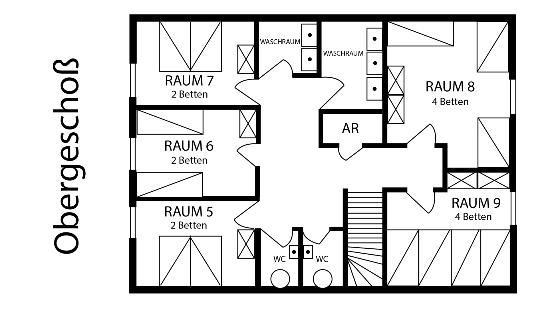 Raumplan vom Obergeschoss mit mehreren Schlafzimmern, Waschraum und Toiletten. | © DAV Dortmund
