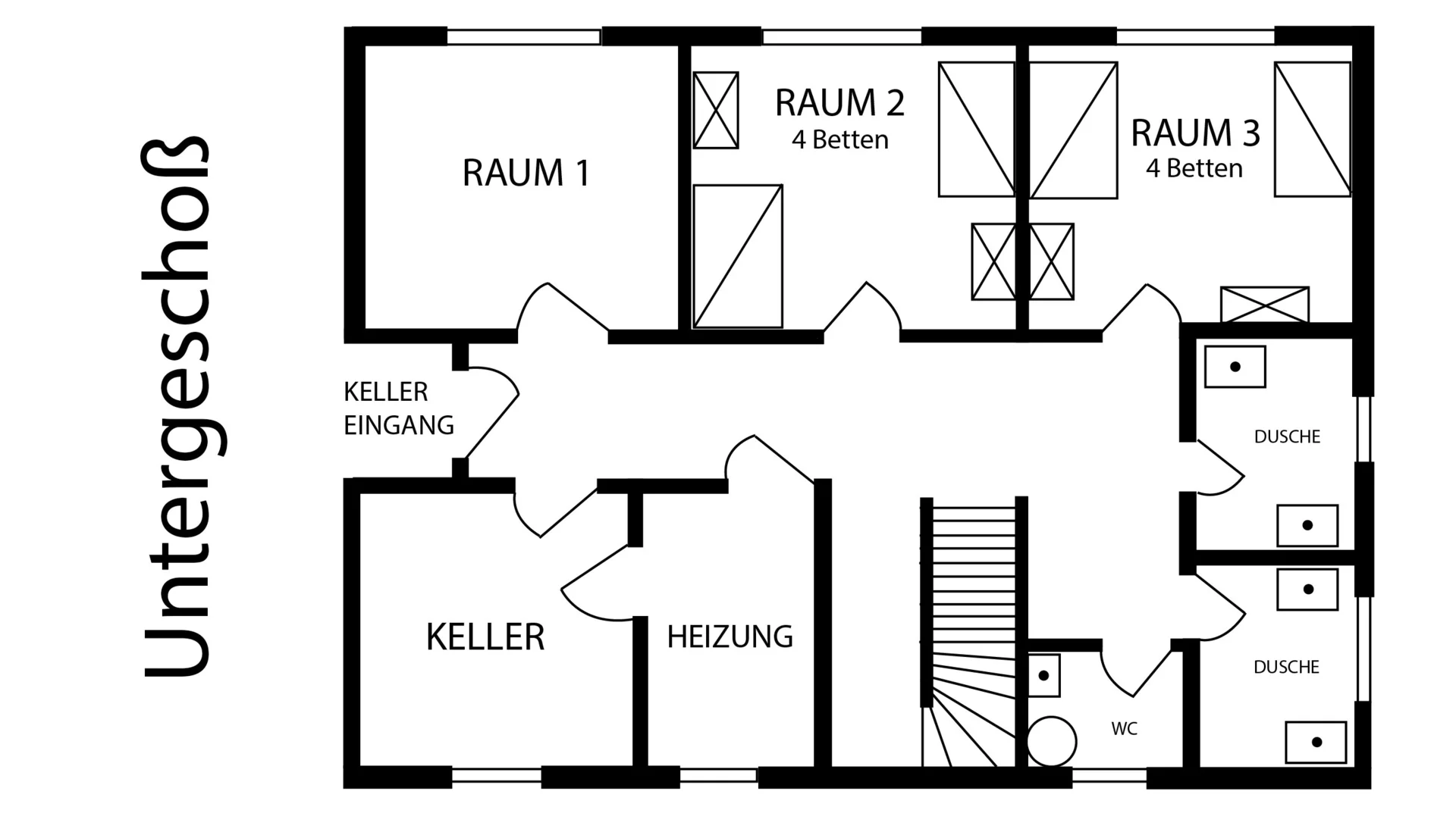 Schwarz-weißer Grundriss zeigt das Untergeschoss eines Hauses mit Schlafräumen, Keller und Duschen. | © DAV Dortmund