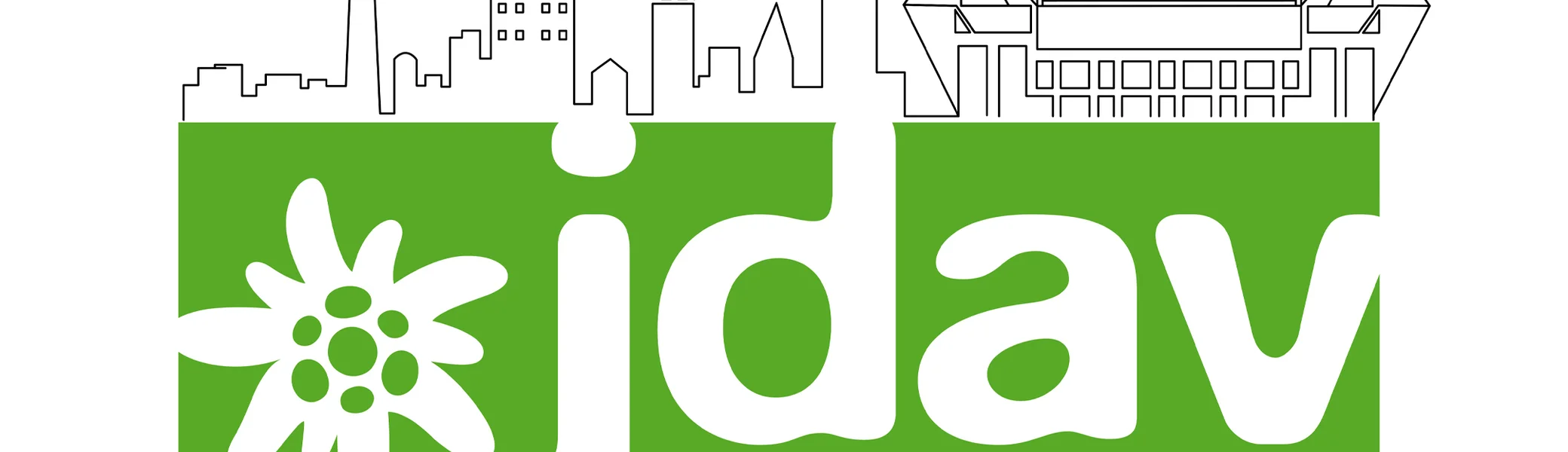 Logo der JDAV Sektion Dortmund mit Skyline, Edelweiß und Schriftzug „Jugend des Deutschen Alpenvereins“. | © DAV Dortmund