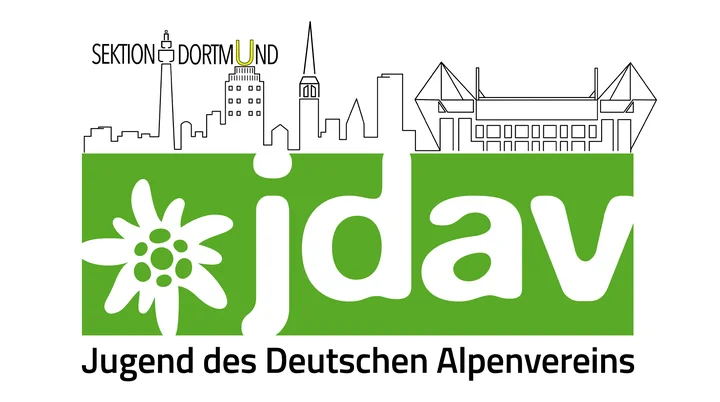 Logo der JDAV Sektion Dortmund mit Skyline, Edelweiß und Schriftzug „Jugend des Deutschen Alpenvereins“. | © DAV Dortmund