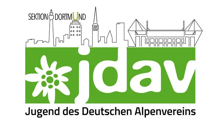 Logo der JDAV Sektion Dortmund mit Skyline, Edelweiß und Schriftzug „Jugend des Deutschen Alpenvereins“. | © DAV Dortmund