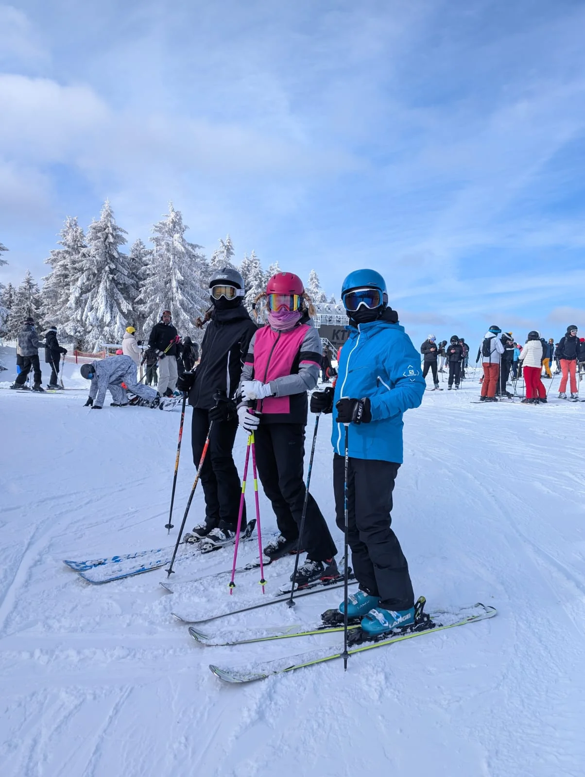 Drei Skifahrer*innen posieren mit Helm und Skistöcken vor winterlicher Kulisse. | © DAV Dortmund