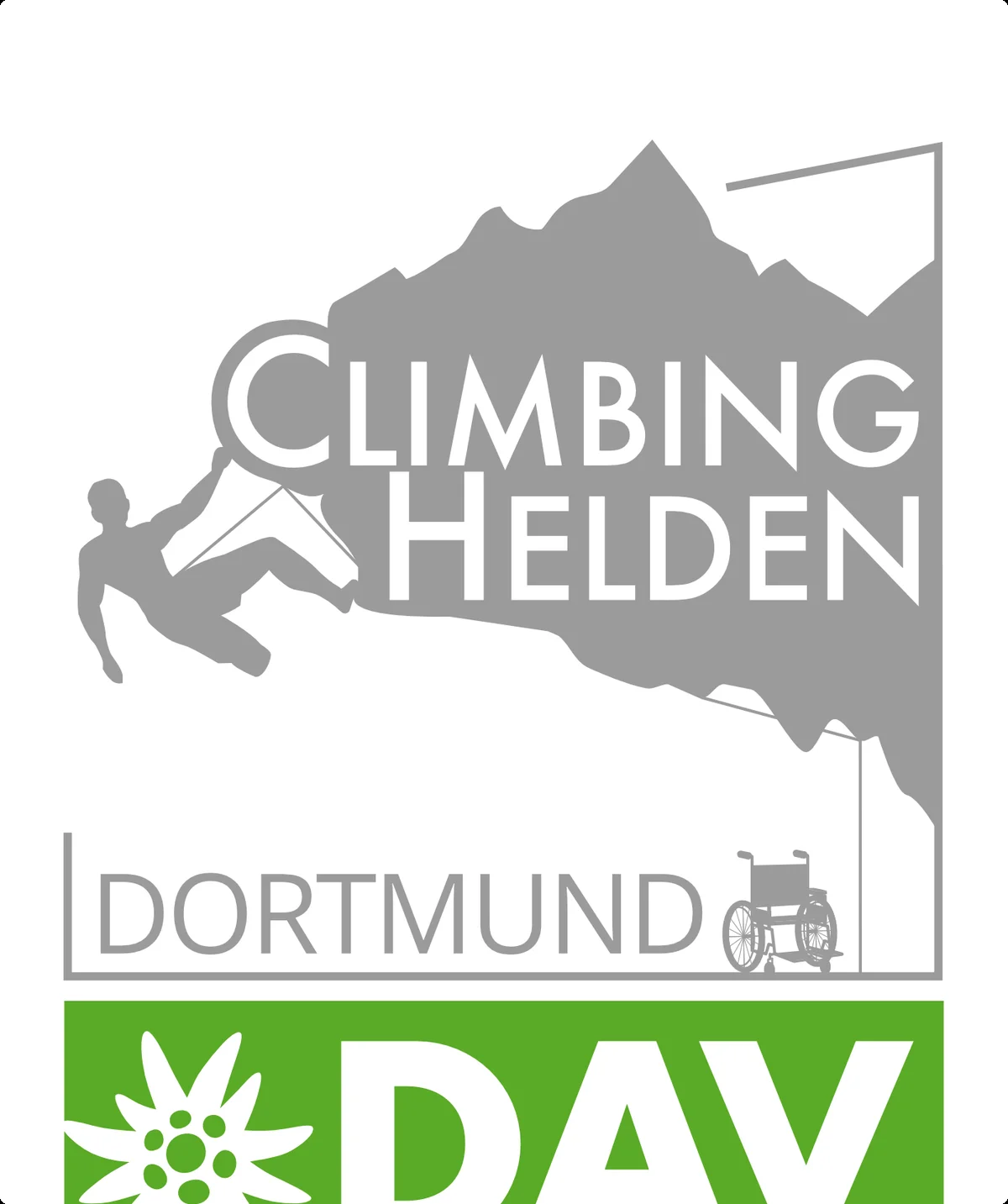 Logo mit Silhouette eines kletternden Menschen, dem Schriftzug „Climbing Helden Dortmund“ und DAV-Emblem, inklusive Rollstuhlsymbol. | © DAV Dortmund