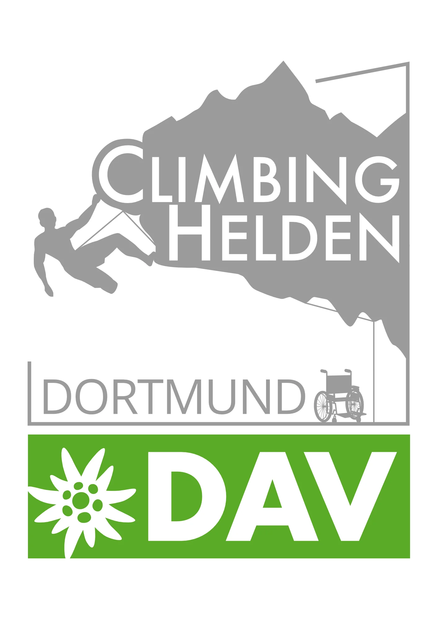 Logo mit Silhouette eines kletternden Menschen, dem Schriftzug „Climbing Helden Dortmund“ und DAV-Emblem, inklusive Rollstuhlsymbol. | © DAV Dortmund