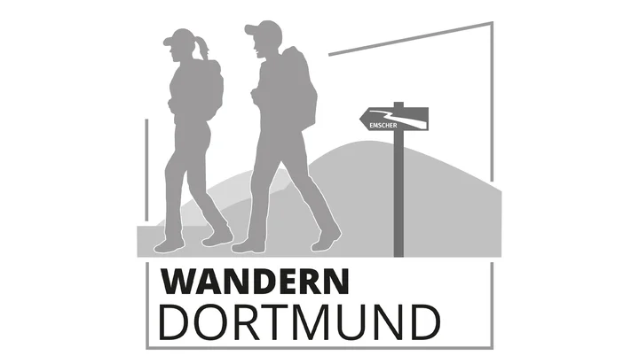  Graues Logo mit zwei wandernden Personen, einem Wegweiser und dem Schriftzug „Wandern Dortmund“. | © DAV Dortmund