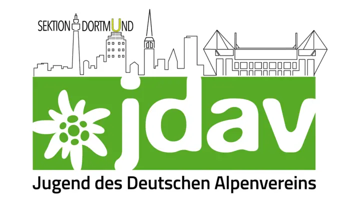 Logo der JDAV Sektion Dortmund mit Skyline, Edelweiß und Schriftzug „Jugend des Deutschen Alpenvereins“. | © DAV Dortmund