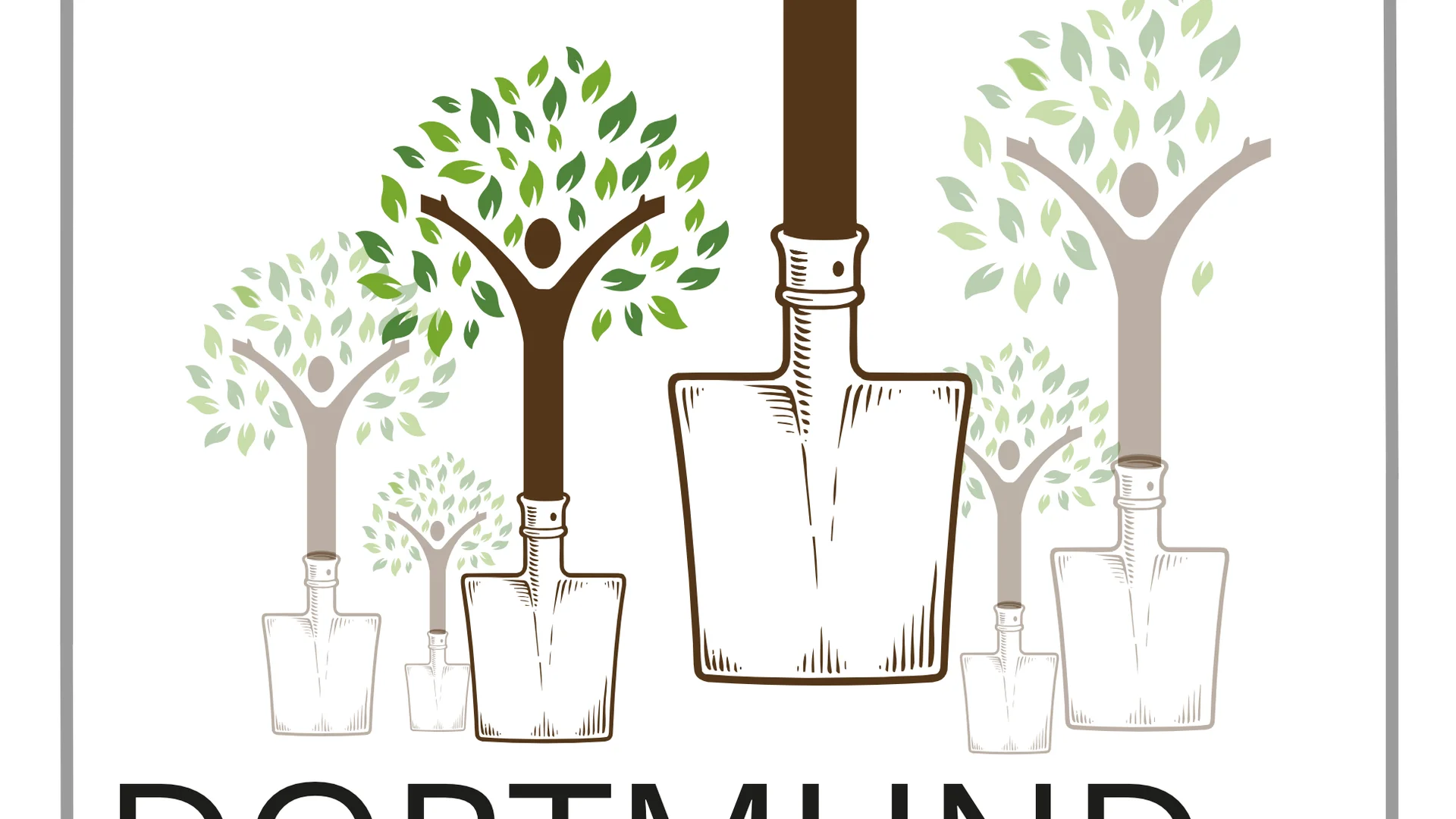 Logo des DAV Dortmund zum Projekt „DAV-Wald am Fredenbaumpark“. Mehrere stilisierte Bäume wachsen aus Spaten heraus, die Baumkronen sind aus grünen Blättern geformt, die Baumstämme zeigen eine menschliche Figur mit erhobenen Armen. Darunter steht „Dortmund DAV“ mit Edelweiß-Symbol. | © DAV Wald