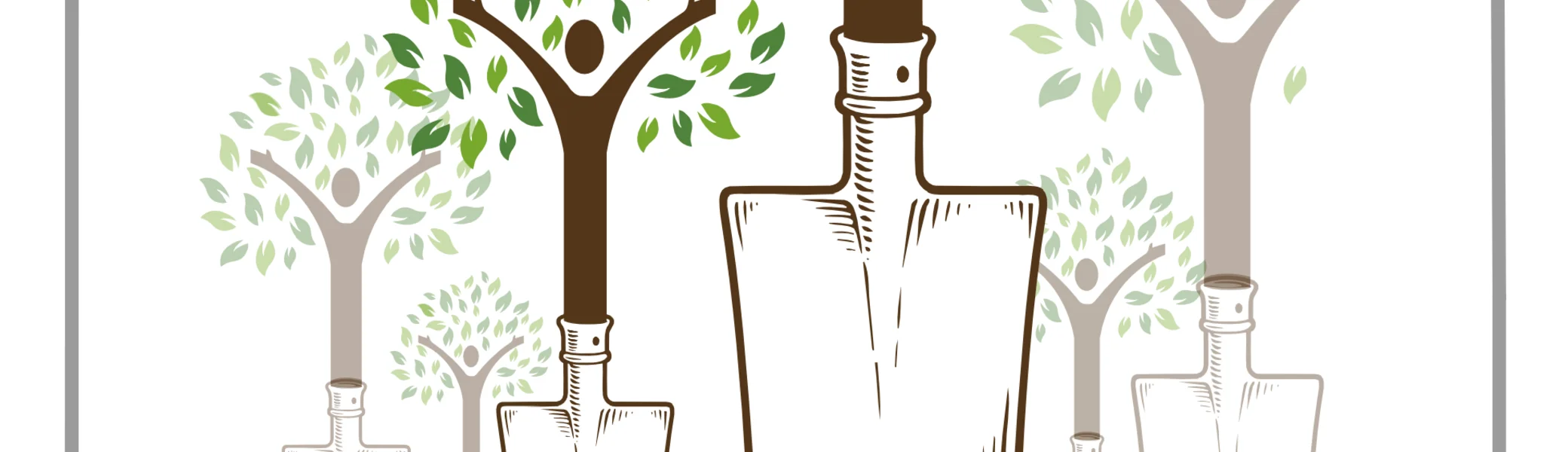 Logo des DAV Dortmund zum Projekt „DAV-Wald am Fredenbaumpark“. Mehrere stilisierte Bäume wachsen aus Spaten heraus, die Baumkronen sind aus grünen Blättern geformt, die Baumstämme zeigen eine menschliche Figur mit erhobenen Armen. Darunter steht „Dortmund DAV“ mit Edelweiß-Symbol. | © DAV Wald