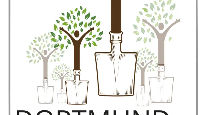 Logo des DAV Dortmund zum Projekt „DAV-Wald am Fredenbaumpark“. Mehrere stilisierte Bäume wachsen aus Spaten heraus, die Baumkronen sind aus grünen Blättern geformt, die Baumstämme zeigen eine menschliche Figur mit erhobenen Armen. Darunter steht „Dortmund DAV“ mit Edelweiß-Symbol. | © DAV Wald
