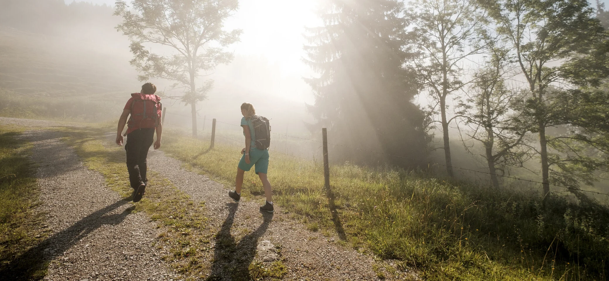 Gemeinsamer Aufstieg bei Sonnenaufgang - die Sonne scheint durch den Nebel | © DAV/Hans Herbig
